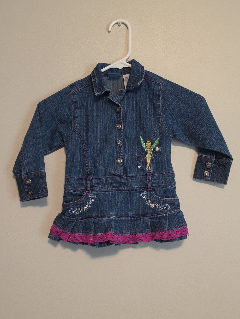 Disney Tinkerbell Girls Blue Denim Jacket with Pink Lace Trim and